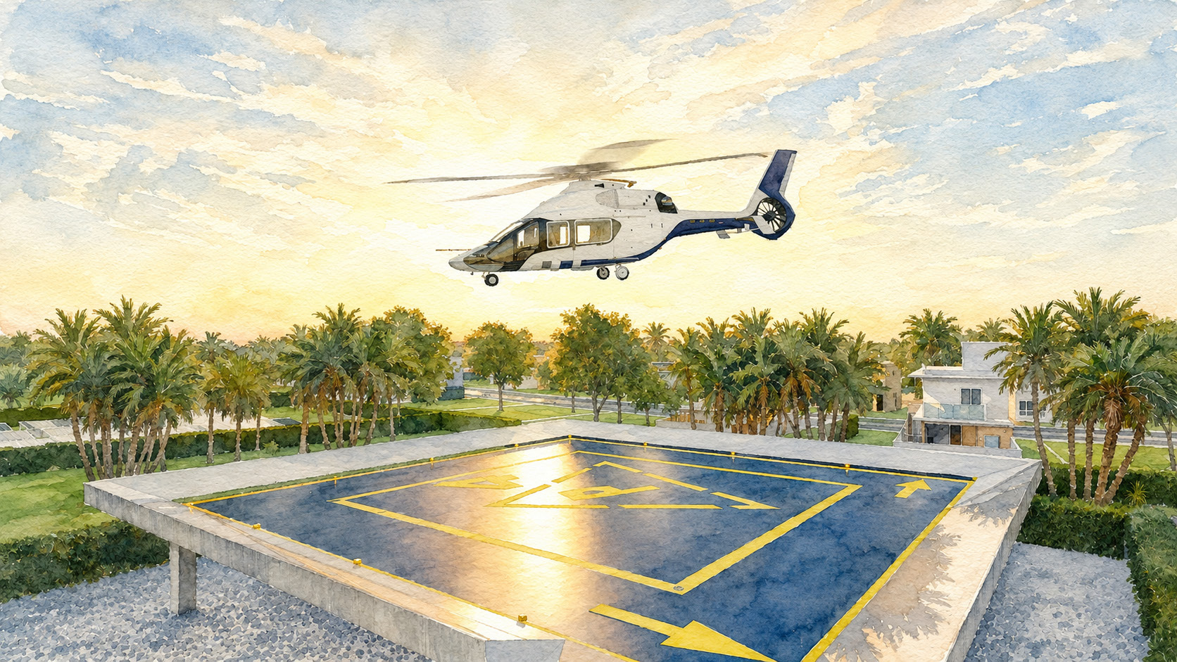 Ilustração do heliponto do Vila da Ilha com helicóptero pousando ao entardecer