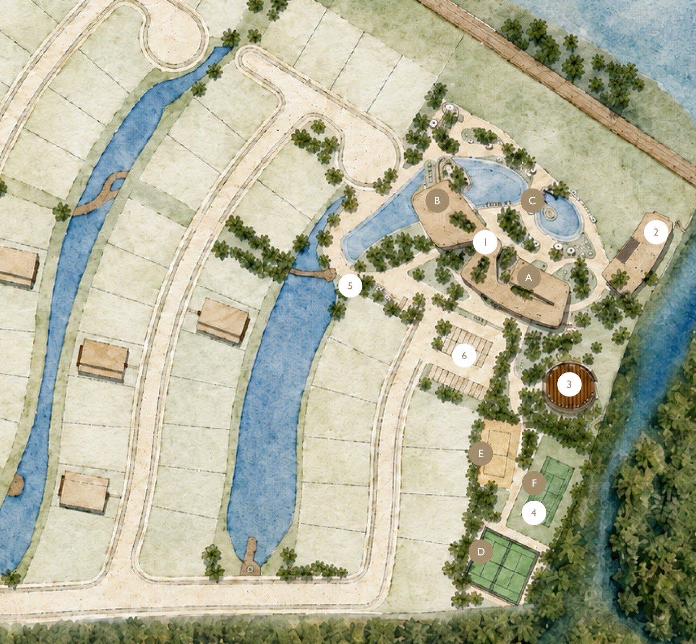 Mapa de implantação do Beach Club com wellness, restaurante, piscina e área esportiva