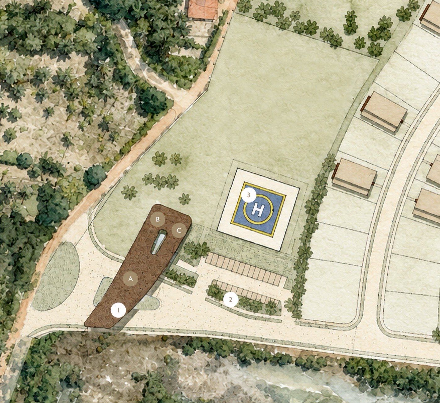 Mapa de implantação da portaria, recepção, estacionamento e heliponto do Vila da Ilha