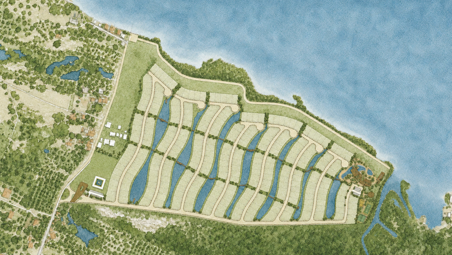 Implantação do Vila da Ilha: oito quadras orgânicas entre canais de maré, com a portaria e o heliponto a oeste e o Beach Club na ponta leste, junto ao mar